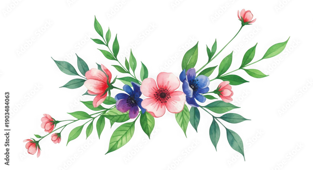 Fototapeta premium Vibrant watercolor floral arrangement with green leaves isolated on transparent background