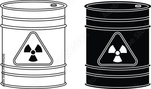 Radioactive waste barrel icon in black and white, hazardous material container illustration for nuclear danger, toxic storage, warning symbols, and industrial safety concepts
