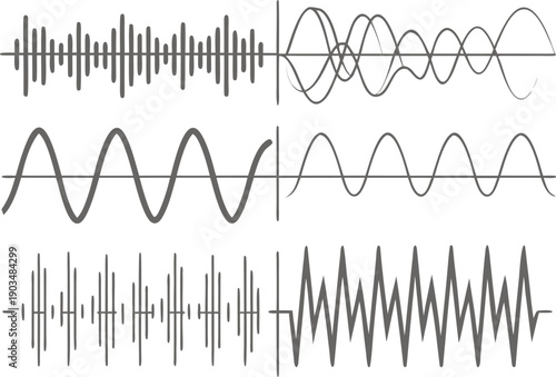 Soundwave Patterns: A visual representation of various soundwave patterns, each telling a unique auditory story through its distinct amplitude and frequency, capturing the essence of sound dynamics.