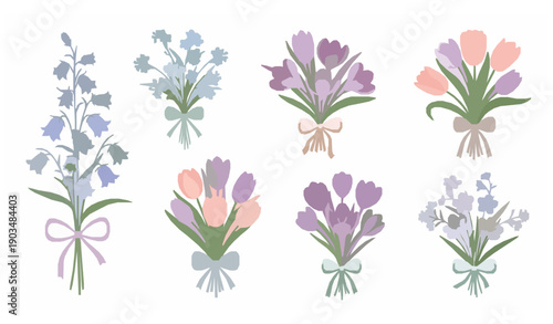 Spring flower bouquet clip art set with ribbons delicate vector illustration isolated on white