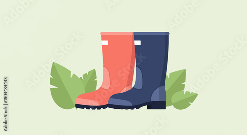 Two pairs of colorful rubber boots stand amidst lush green leaves