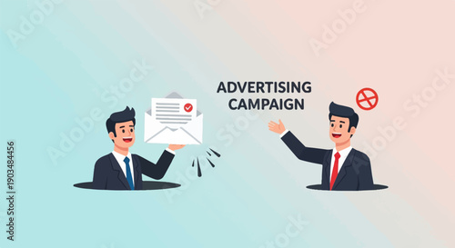 Two businessmen with an envelope and a no symbol, advertising campaign text