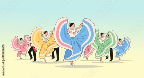Traditional dancers in brightly colored, full skirts twirl