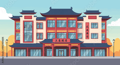 Traditional Chinese building with multi-story facade and ornate roof