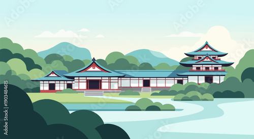 Traditional East Asian architecture with tiered roofs nestled in serene hills