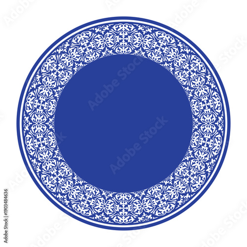 Vector round frame in Victorian style. Elegant element for design in Eastern style. Floral blue border. Lace illustration for invitation, greeting card, embroidery, ceramic, porcelain, engraving, plat