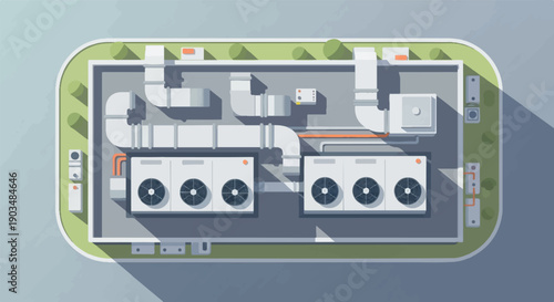 Top view of a building's rooftop HVAC units and ventilation system