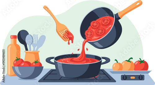 Tomato sauce being poured from a pan into a pot with ingredients