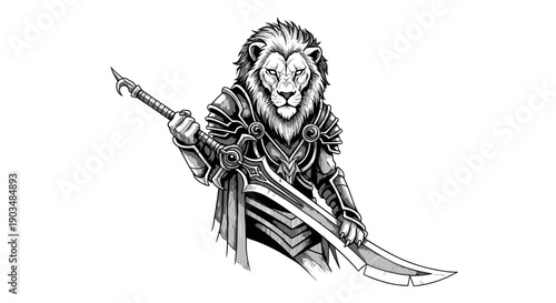 Warrior Lion Holding a Sword and Shield - Emblematic Illustration