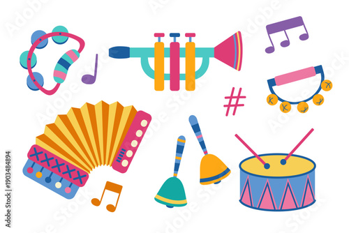 Colorful children musical instruments set. Drum, tambourine, harmonic, bells elements for kindergarten music lessons. Vector illustration