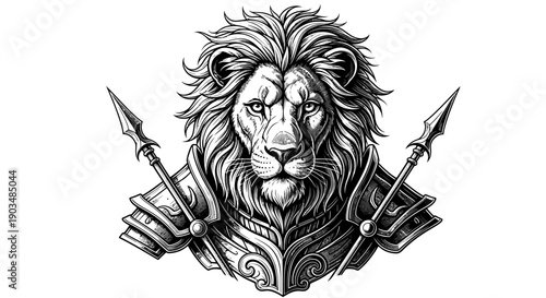 Majestic grayscale depiction of a powerful lion with an armored chest and crossed spears, symbolizing courage, leadership, and unwavering strength and dignity