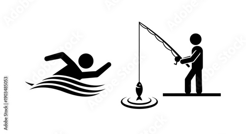 Exploring recreational aquatic activities and healthy outdoor pursuits with symbolic illustrations of a swimmer and a person fishing, embodying leisure and active lifestyle choices