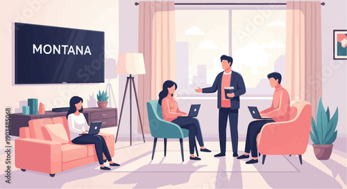 Three people work on laptops in a bright, modern living room setting