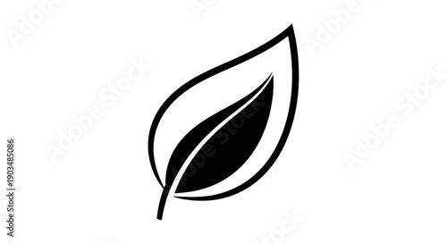Elegant minimalist black and white illustration of a stylized leaf with a single stem, perfect for nature and eco-friendly themes