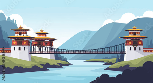 Traditional fortified architecture spans a river amid serene mountains and lush landscape