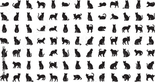 Cute Black Cat Silhouette Vector Set Isolated on White Background