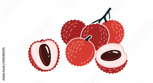 Stylized red lychees with one cut in half revealing inner fruit