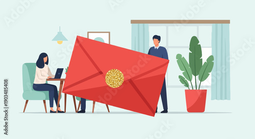 Teamwork, a woman types on a laptop while a man carries a large red envelope