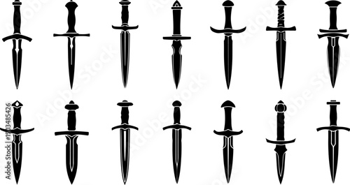 Collection of assorted medieval daggers and swords displayed vertically in grid formation