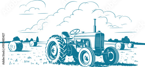 Vintage tractor line illustration in rural countryside, farming field with hay bales and clouds, agriculture sketch style, clean background