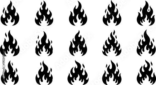 A grid pattern of twelve identical black flame icons arranged in four rows on a plain white background, vector illustration style