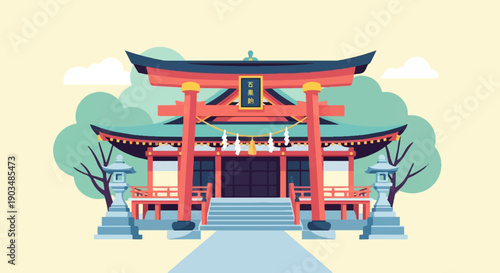 Traditional Japanese shrine with torii gate and pagoda-style roof