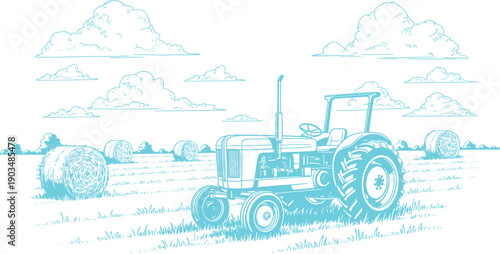 Vintage tractor line art illustration, rural countryside farming scene with hay bales and clouds, monochrome outline agriculture design