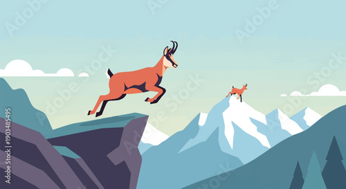 Two chamois leap across a pixelated mountain landscape with sky
