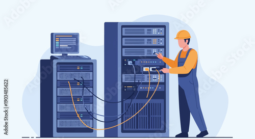 Technician connecting cables to server racks in a data center