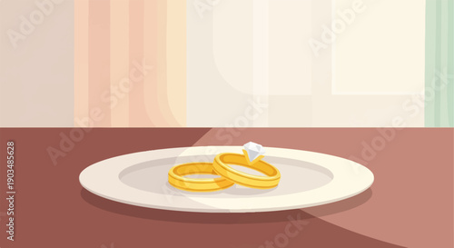 Two golden rings, one with a diamond, rest on a white plate