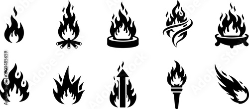 Collection of fire icons representing various flames and torches in different styles, showcasing illustrations of burning fire elements.