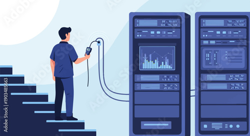 Technician connects device to server rack, monitoring data on screen