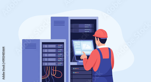 Technician in hard hat and overalls interacts with server racks and computer screen