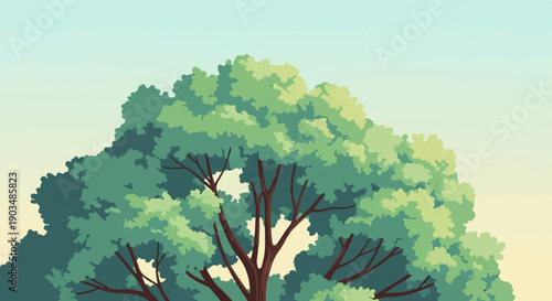 Stylized illustration of a large deciduous tree with lush green foliage against a soft sky
