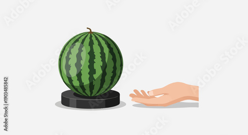 Stylized illustration of a large watermelon on a stand, with a hand outstretched nearby