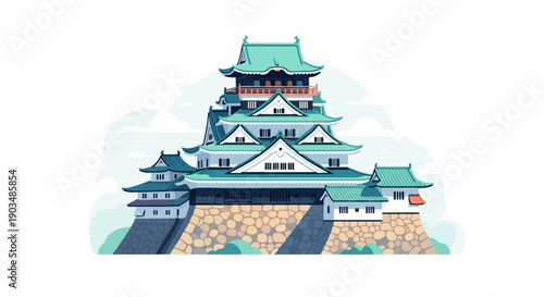 Traditional tiered Japanese castle structure on a stone foundation with surrounding greenery