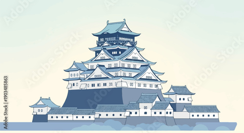 Stylized illustration of a multi-tiered historical fortress with layered roofs