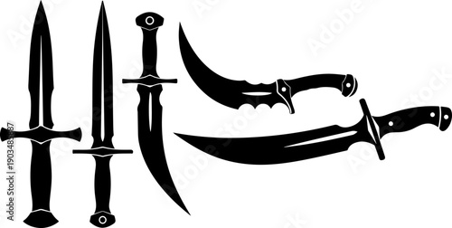 Collection of various daggers and swords displayed in a graphic illustration from a straightforward viewpoint