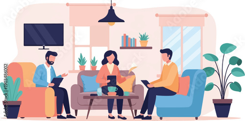 Three people sit on sofas and engage in conversation in a living room