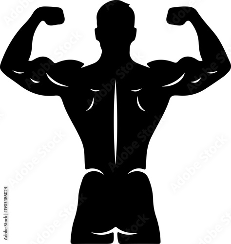 Silhouette of a muscular man flexing his arms and chest from behind, showcasing his physique and strength in a powerful pose
