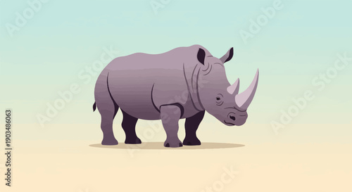 Stylized rhinoceros stands on a sandy plain under a gradient sky