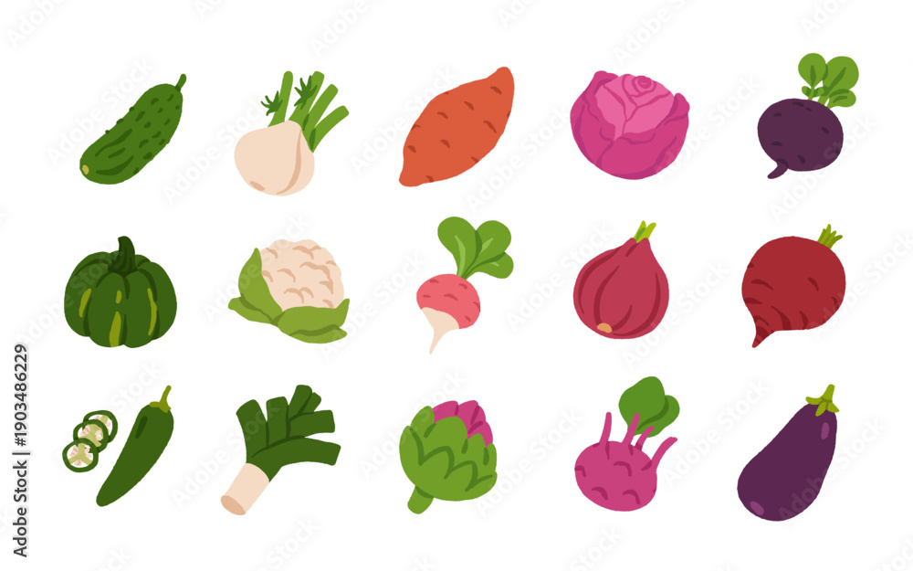 Fototapeta premium Flat Cartoon Vegetable Set. Fresh Farm Vegetables Icons Collection, Colorful Healthy Food Illustration, Organic Veggies Vector for Market, Menu, Packaging