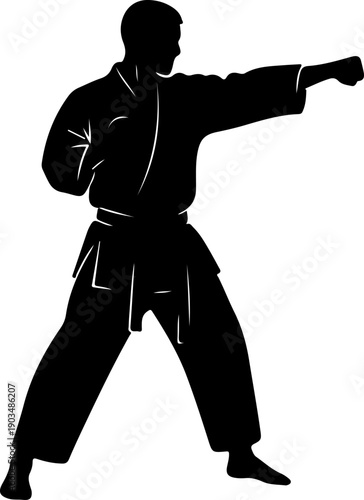 Martial artist in karate stance, performing punch action, illustrating discipline and focus, vector illustration of a man in uniform