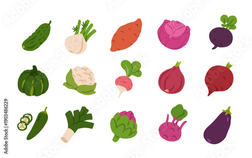 Flat Cartoon Vegetable Set. Fresh Farm Vegetables Icons Collection, Colorful Healthy Food Illustration, Organic Veggies Vector for Market, Menu, Packaging