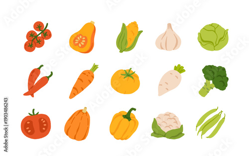 Flat Cartoon Vegetable Set. Fresh Farm Vegetables Icons Collection, Colorful Healthy Food Illustration, Organic Veggies Vector for Market, Menu, Packaging