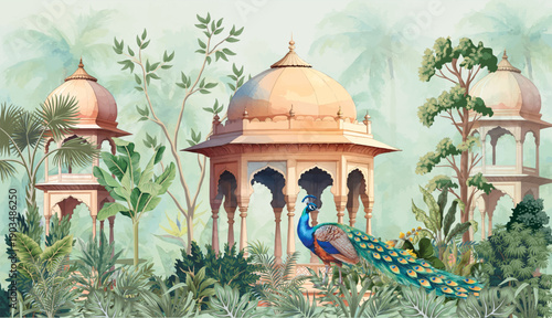 Mughal garden peacocks and tropical plants  botanical landscape illustration. Vintage Indian Mughal architecture with botanical garden composition.
