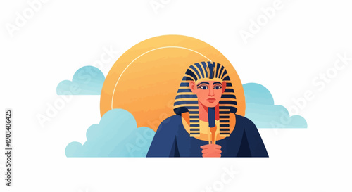 Stylized portrait of ancient Egyptian pharaoh with sun and clouds