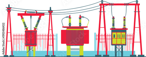 Colorful electrical power substation illustration isolated on white background, high voltage equipment, energy transmission infrastructure, industrial utility design