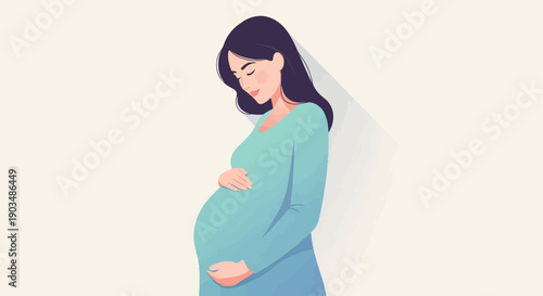 Stylized pregnant woman in a blue dress, tenderly holding her belly
