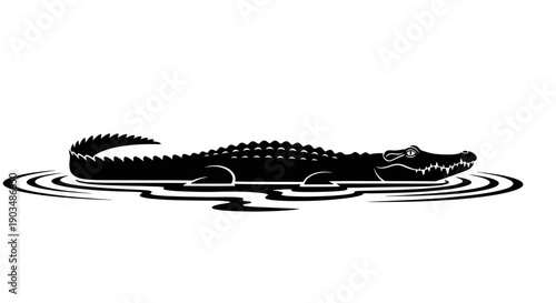 A black silhouette of an alligator or crocodile floating on water with ripples, depicted in a stylized graphic illustration.